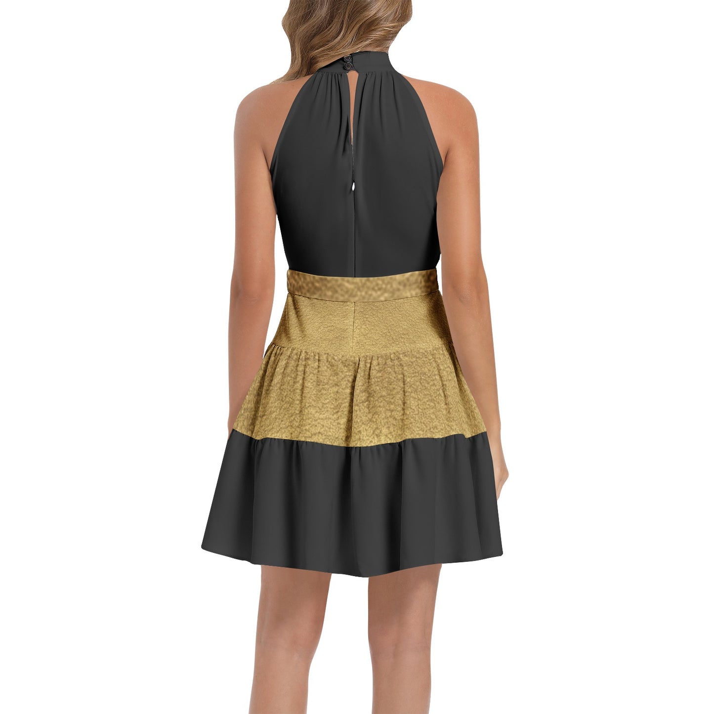 Black Gold Stepper Ruffle Hem Belted Halter Dress