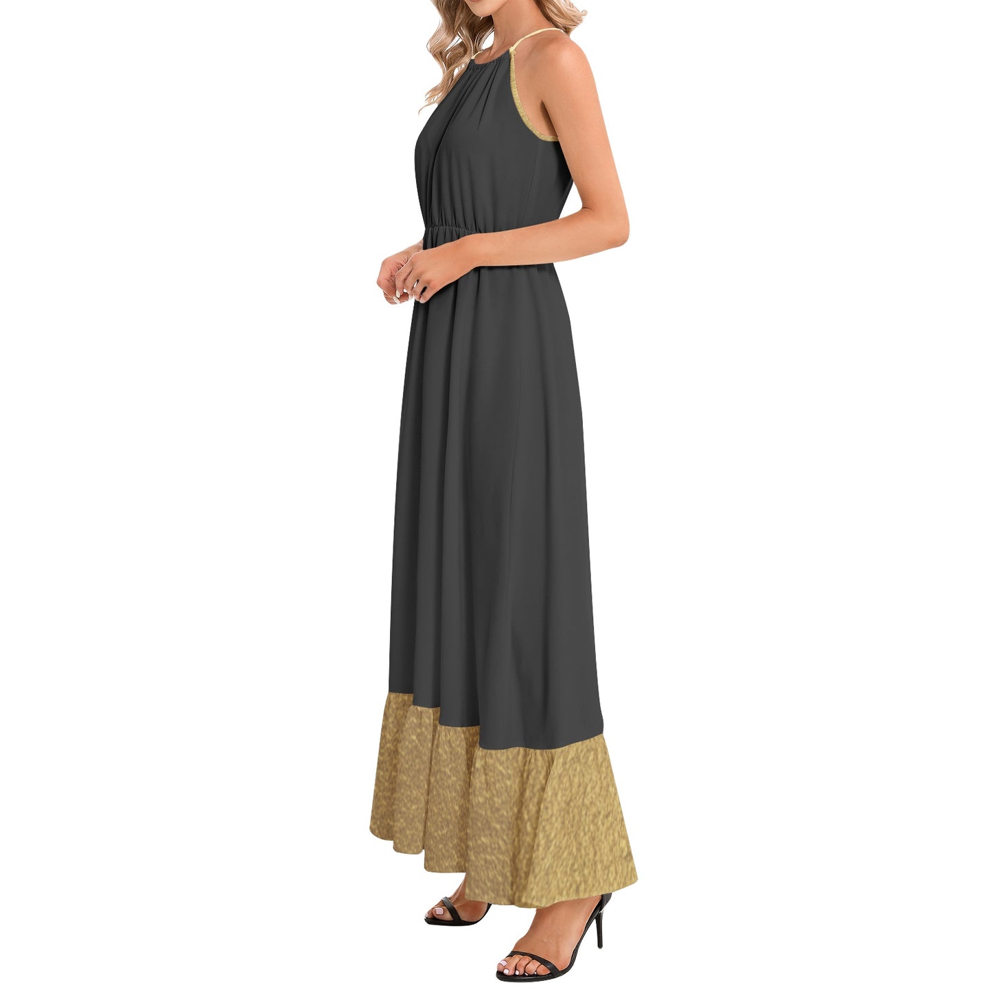 Black Gold Stepper Ruffle Hem Halter Neck Maxi Dress