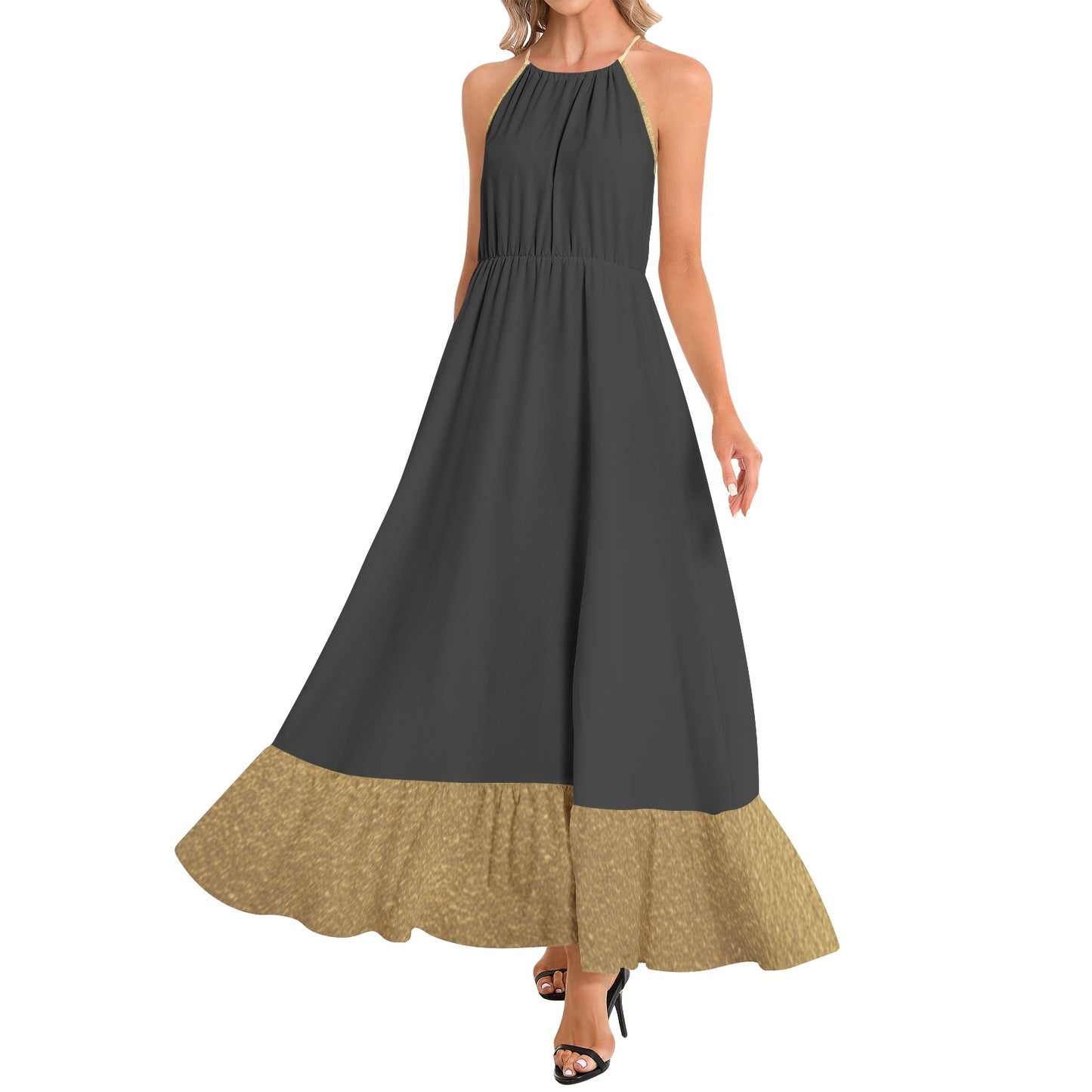 Black Gold Stepper Ruffle Hem Halter Neck Maxi Dress