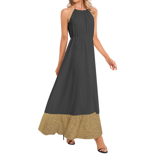 Black Gold Stepper Ruffle Hem Halter Neck Maxi Dress